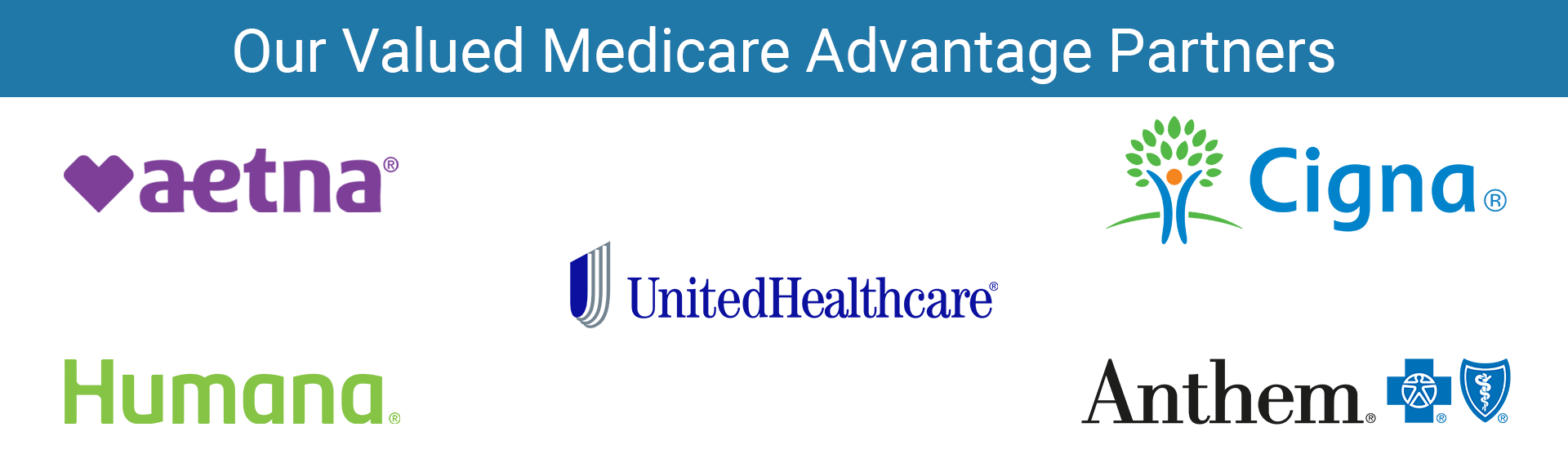 Our Valued Medicare Advantage Partner Logos:  Aetna, Cigna, Humana, Anthem, UnitedHealthcare